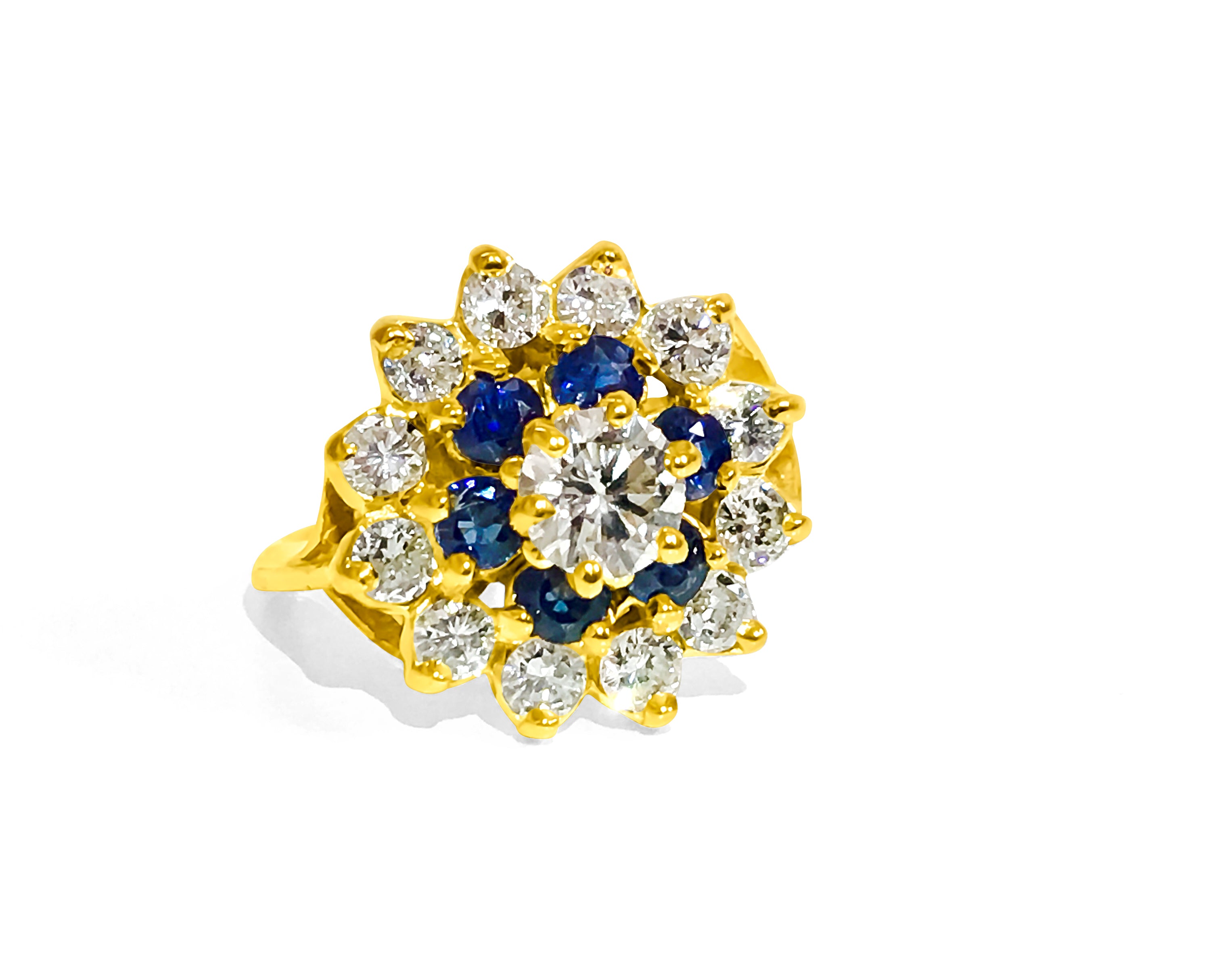 18K Gold. 2.12 Carat Diamond and Blue Sapphire Ring